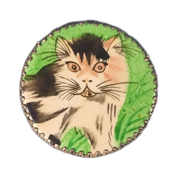 Mid Century Chinese Silver Powder Pill Box With Mirror Lid And Cat Decoration - Picture 1 of 7